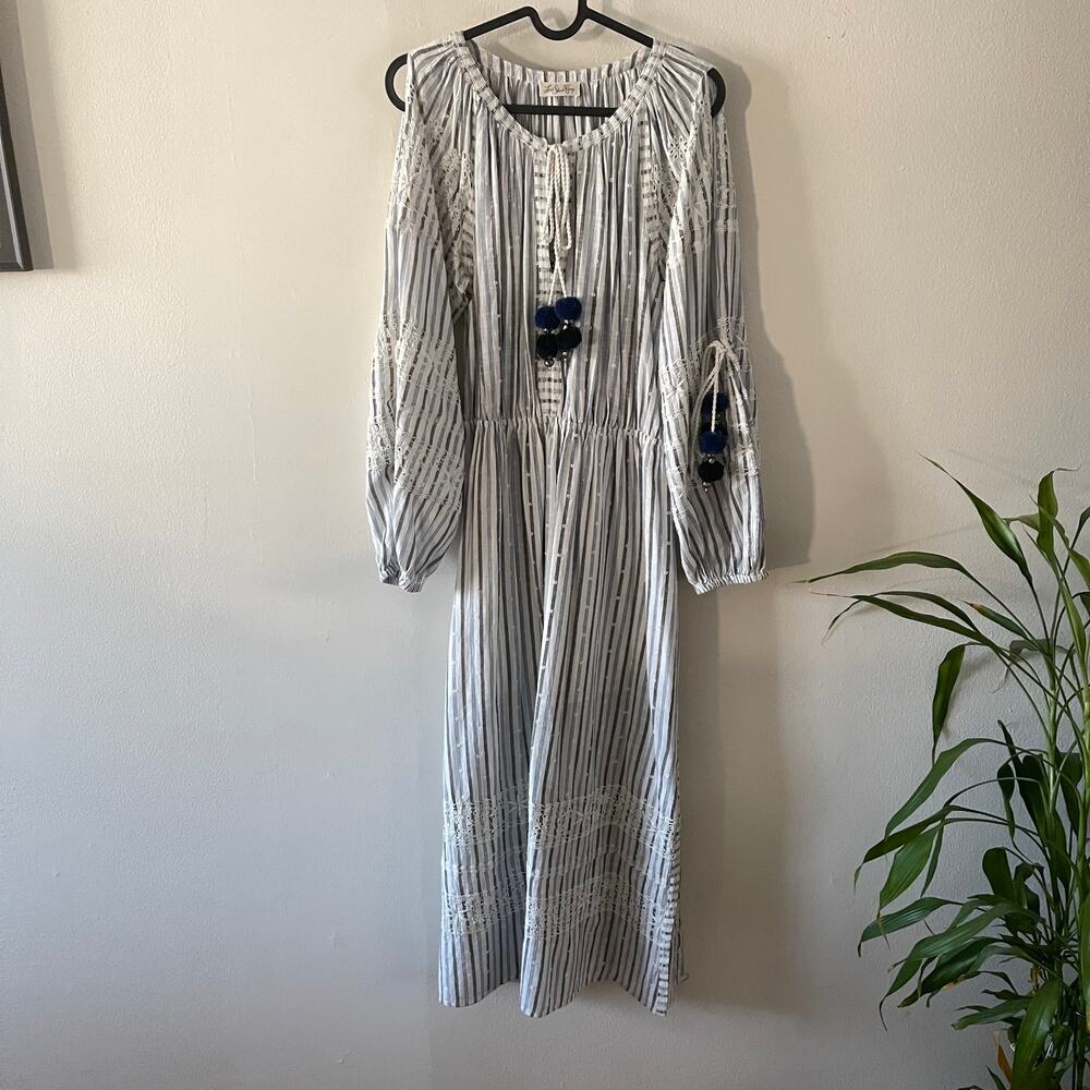 LoveShackFancy Womens S Isla Maxi Dress Blue Striped Cold Shoulder Flaw